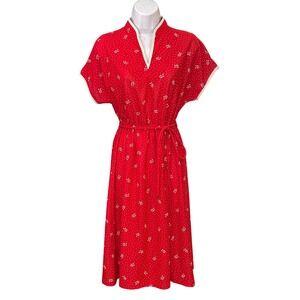 80s Vintage Red Floral Prairie Dress Belted Midi Cottagecore Country Chic Picnic